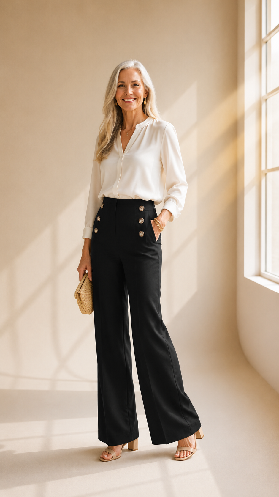 Nathalie | Pantalon élégant à jambes larges et boutons