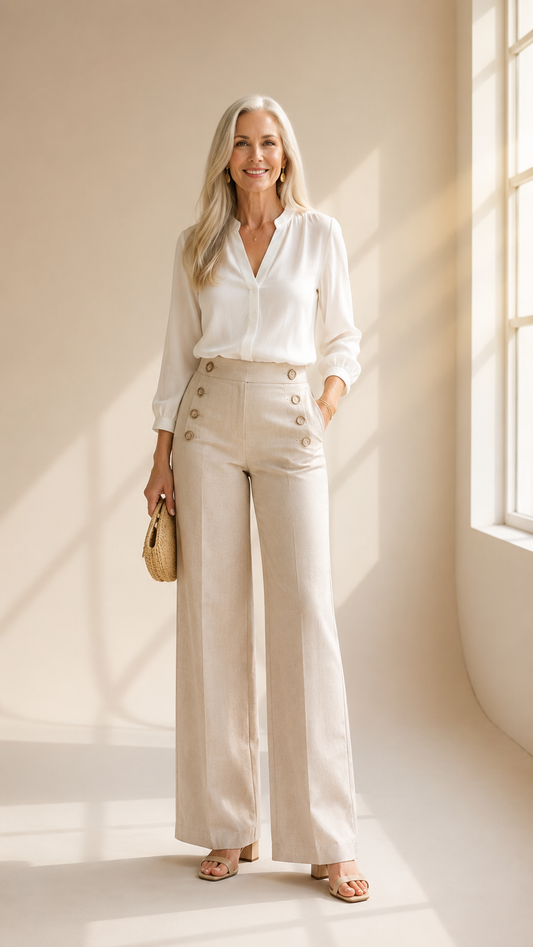 Nathalie | Pantalon élégant à jambes larges et boutons